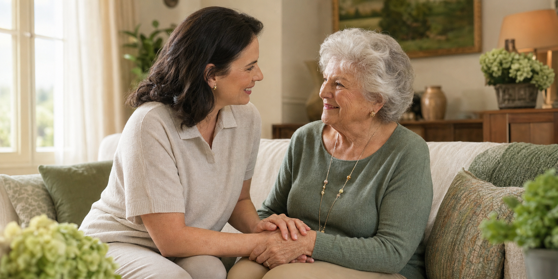 A caregiver and senior sharing a warm, caring moment at home