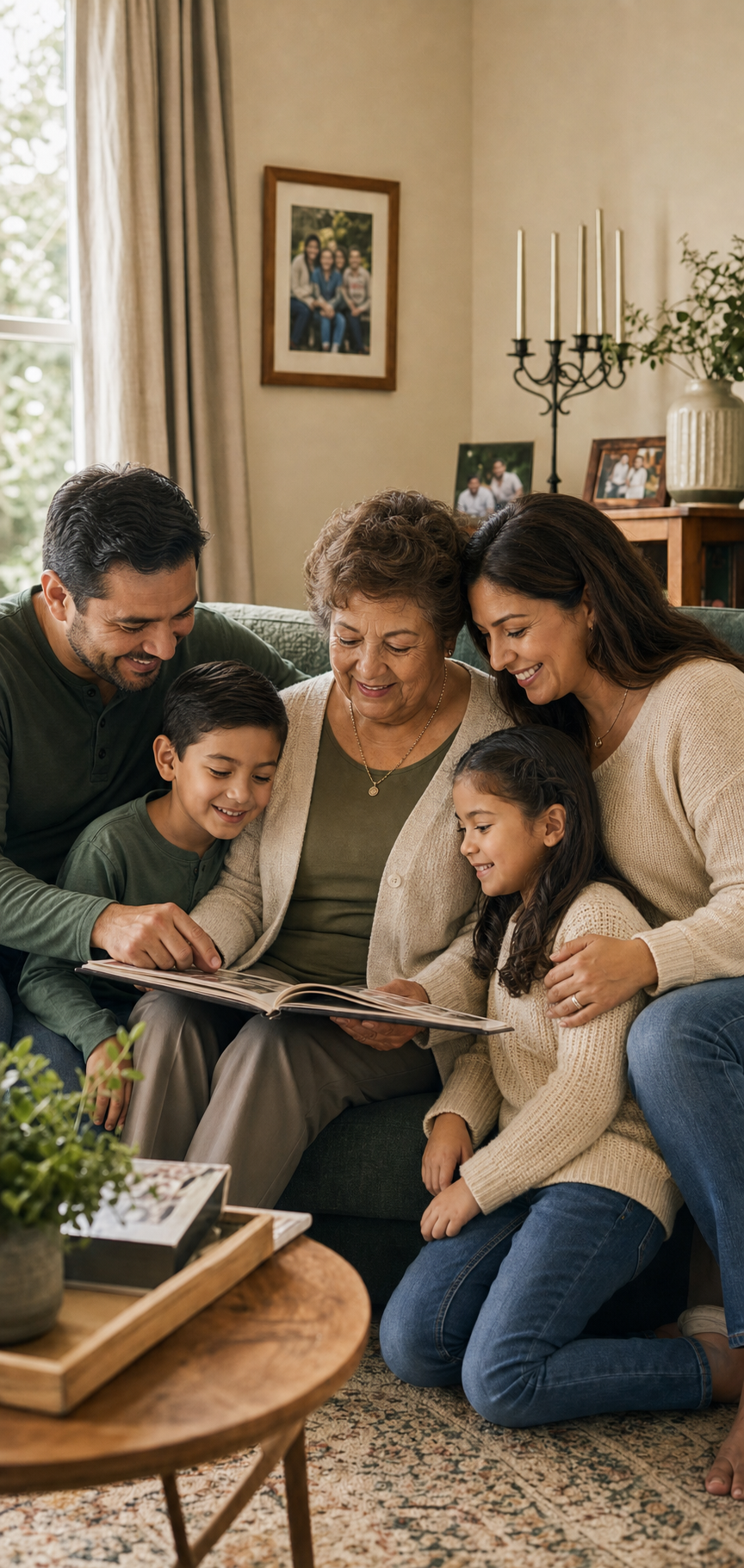 A Hispanic grandmother, mother, father, and children sharing family memories at home